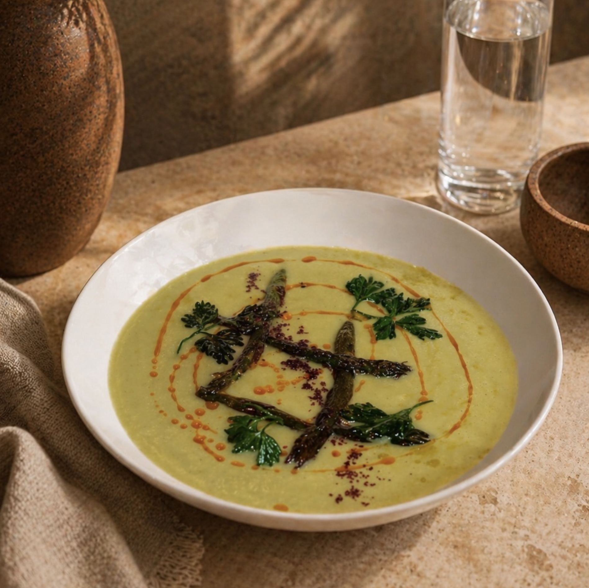 Asparagus velouté soup finished with chili oil, on a sunlit table