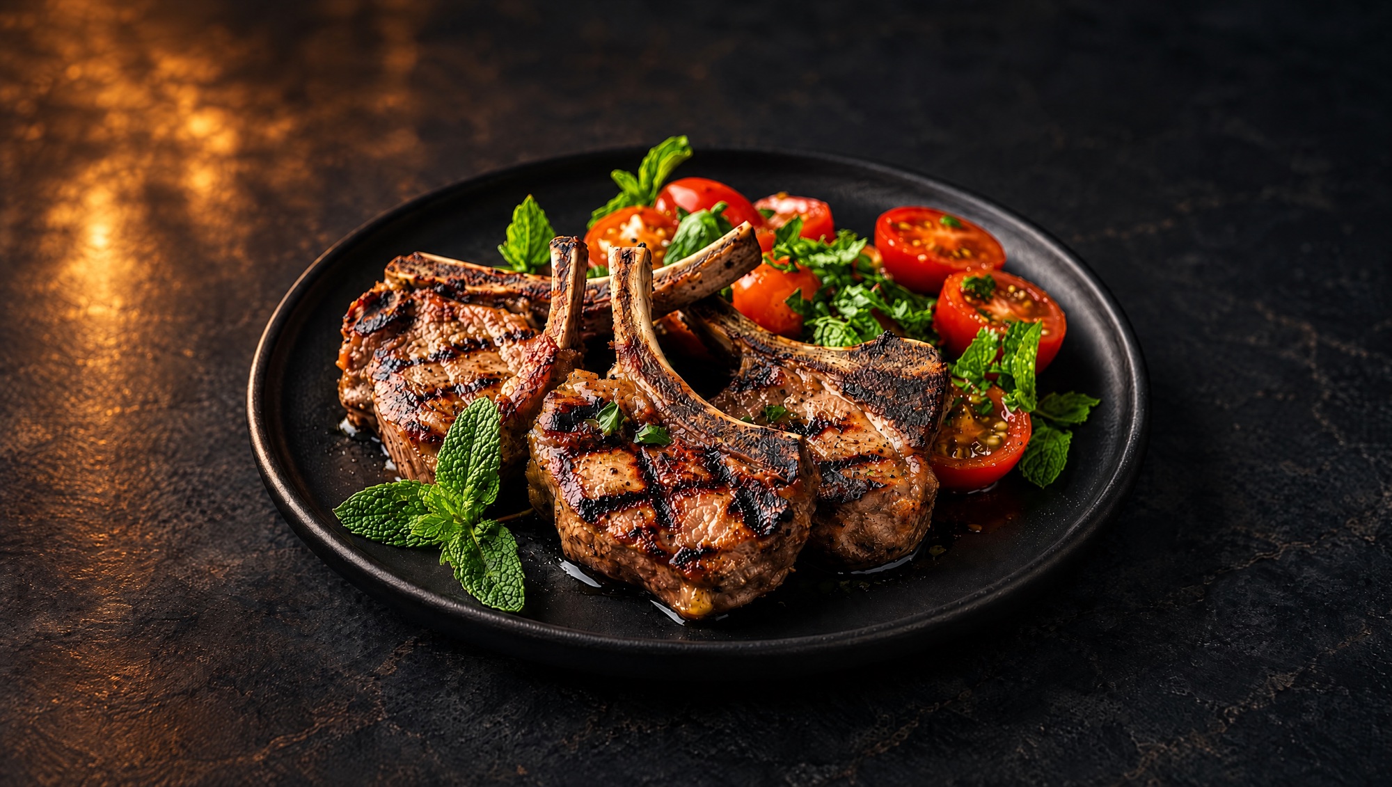 Grilled lamb chops with cherry tomatoes and mint on a black plate